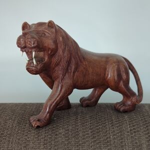 Hand Carved Wooden Roaring Lion Figurine
